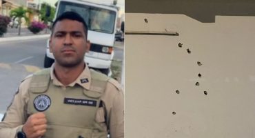 Policial Railton e as marcas dos tiros no local onde foi morto. Fotos: pa4.com.br